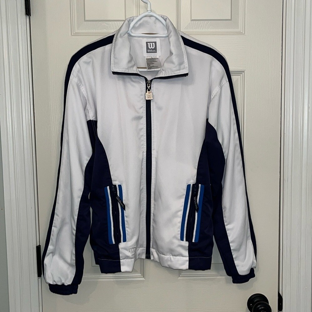Wilson Track Jacket Womens L White Navy Blue Full Zip Athletic Colorblock‎